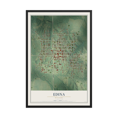 Map of Edina, Missouri, 12 x 18 inch print in a black wood frame