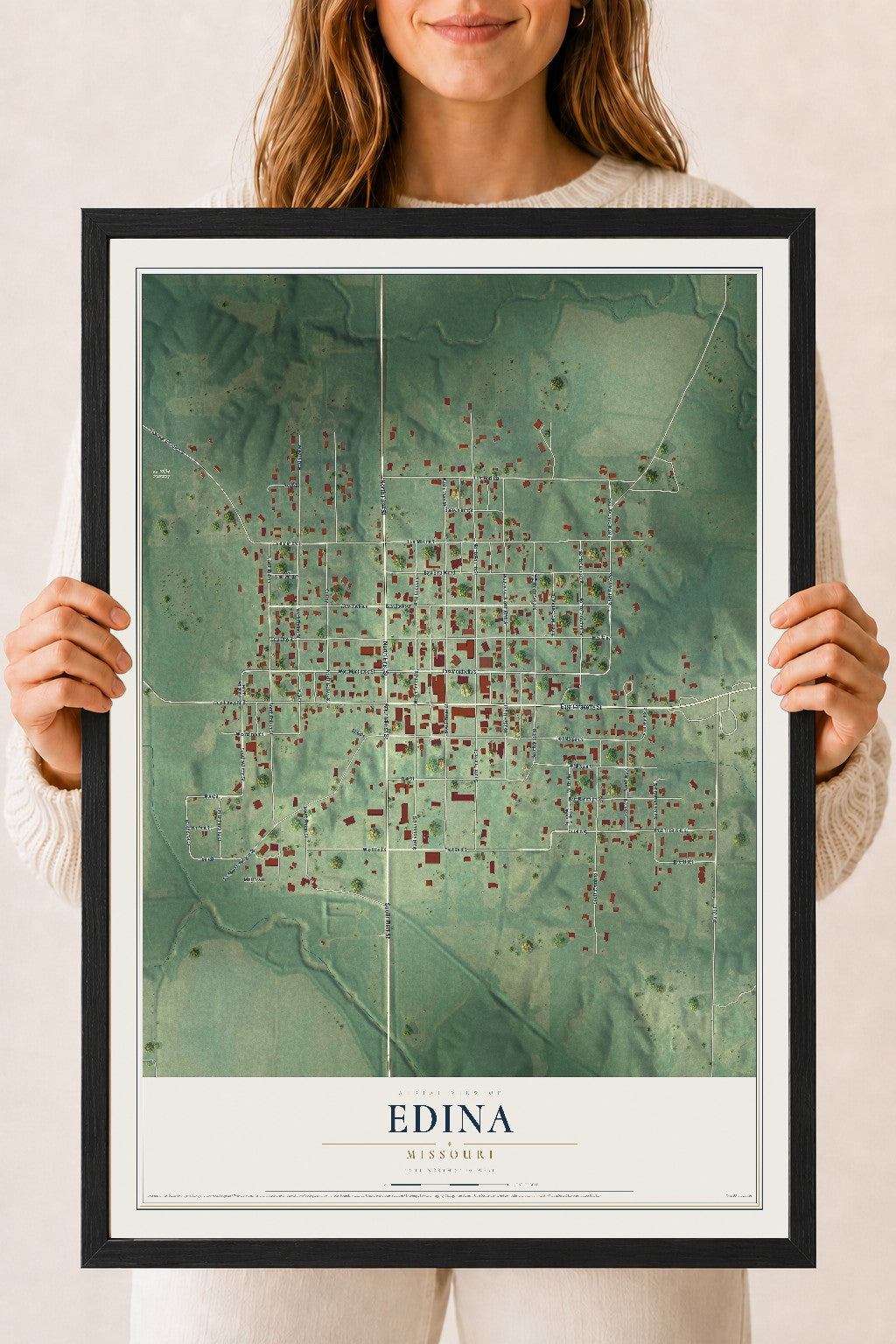 Map of Edina, Missouri, 18 x 24 inch print in a black wood frame