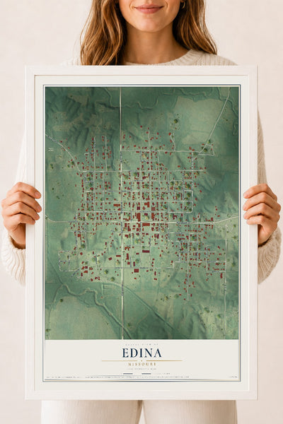 Map of Edina, Missouri, 18 x 24 inch print in a white wood frame