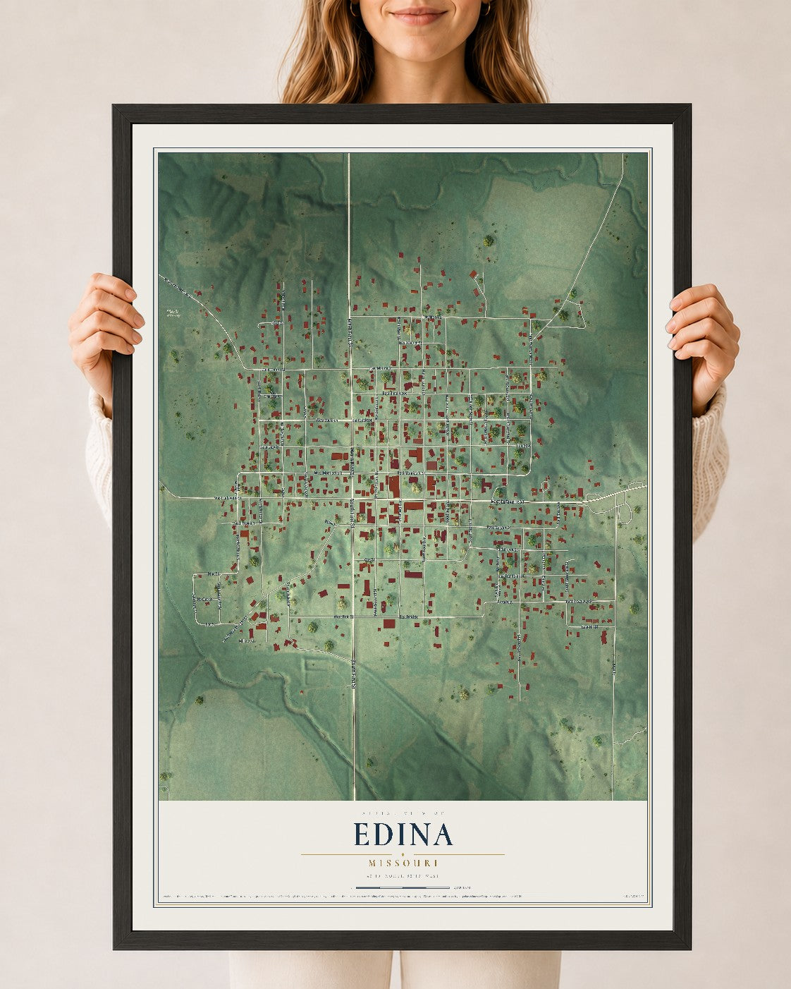 Map of Edina, Missouri, 24 x 36 inch print in a black wood frame