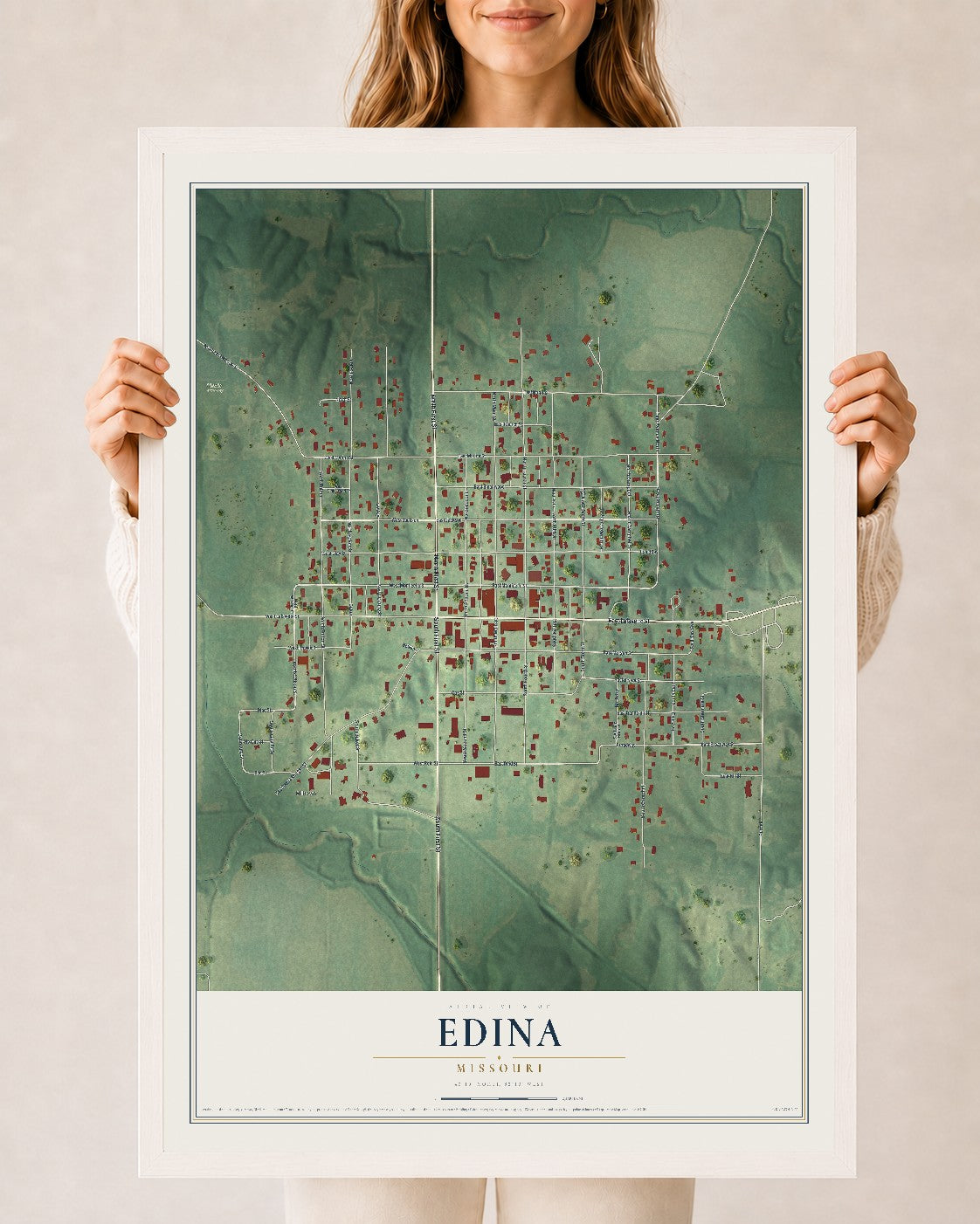 Map of Edina, Missouri, 24 x 36 inch print in a white wood frame