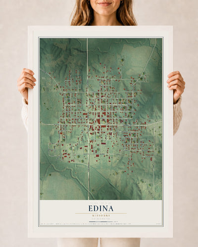 Map of Edina, Missouri, 24 x 36 inch print in a white wood frame