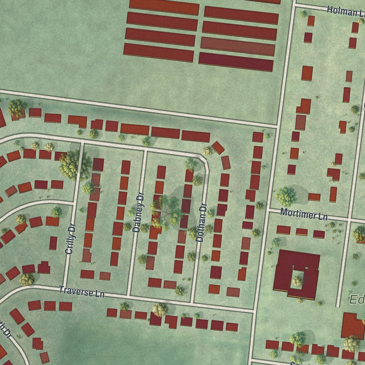 Close-up of the map of Edmundson, Missouri print showing street and building detail