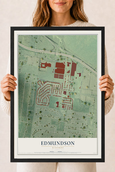 Map of Edmundson, Missouri, 18 x 24 inch print in a black wood frame