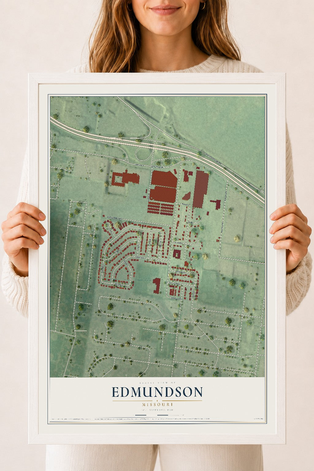 Map of Edmundson, Missouri, 18 x 24 inch print in a white wood frame