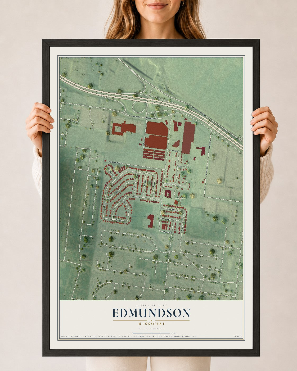Map of Edmundson, Missouri, 24 x 36 inch print in a black wood frame