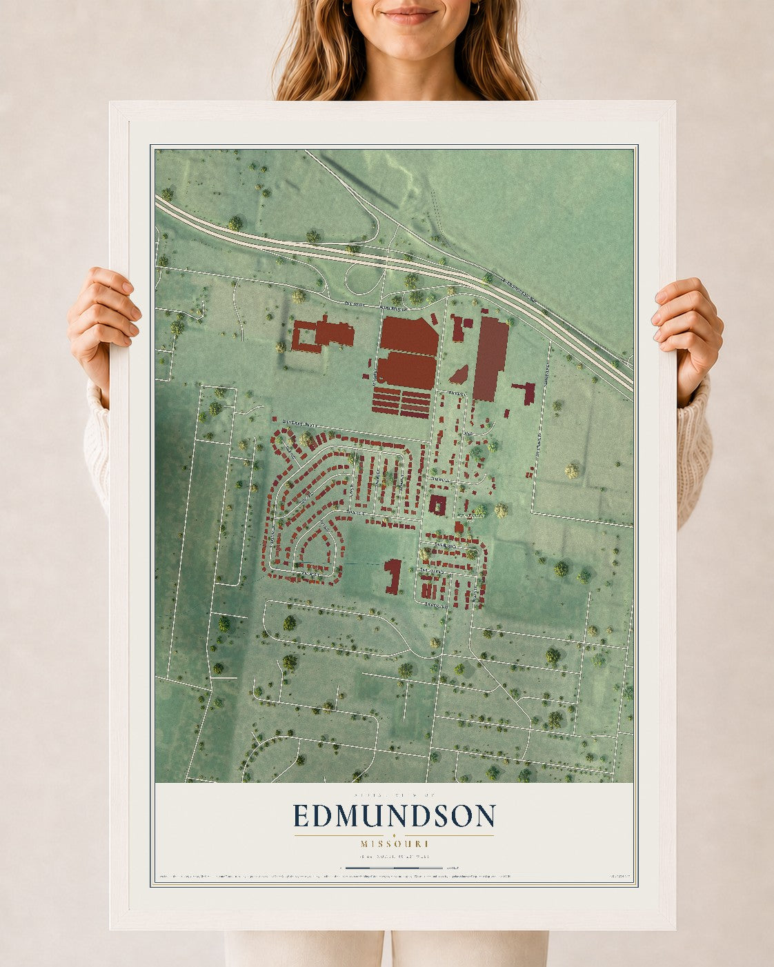 Map of Edmundson, Missouri, 24 x 36 inch print in a white wood frame