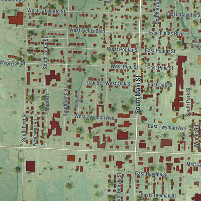 Close-up of the map of El Dorado Springs, Missouri print showing street and building detail
