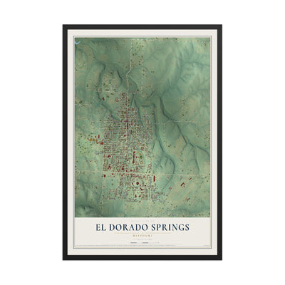Map of El Dorado Springs, Missouri, 12 x 18 inch print in a black wood frame