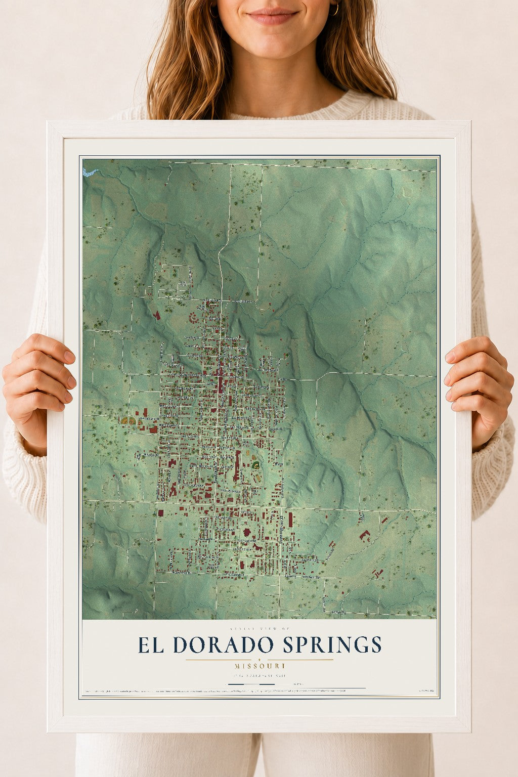 Map of El Dorado Springs, Missouri, 18 x 24 inch print in a white wood frame