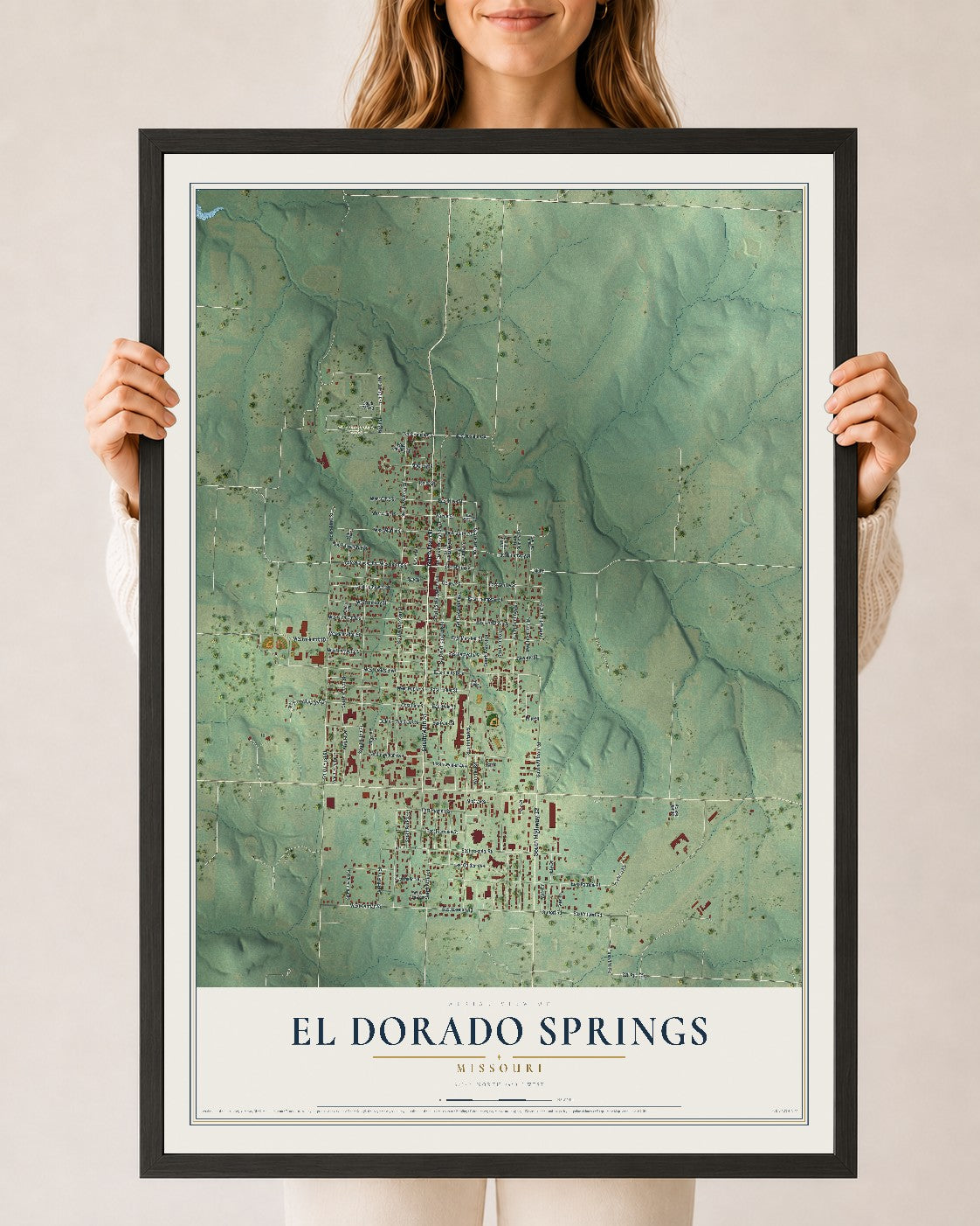Map of El Dorado Springs, Missouri, 24 x 36 inch print in a black wood frame