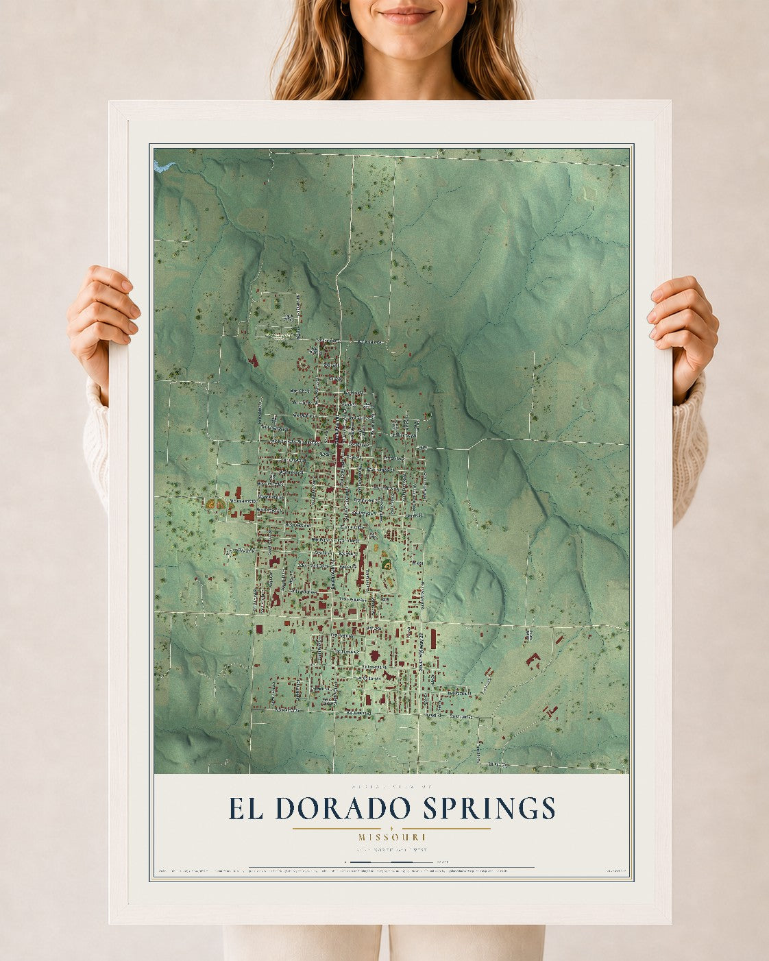 Map of El Dorado Springs, Missouri, 24 x 36 inch print in a white wood frame