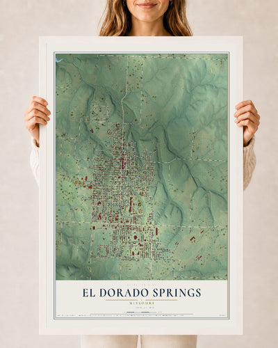 Map of El Dorado Springs, Missouri, 24 x 36 inch print in a white wood frame