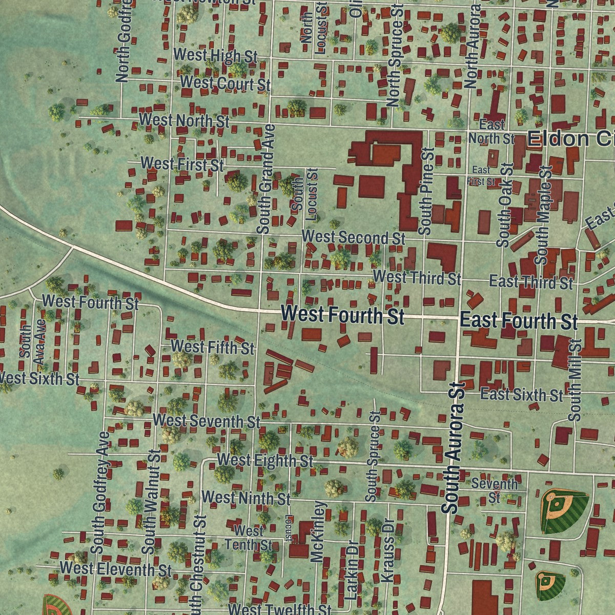 Close-up of the map of Eldon, Missouri print showing street and building detail