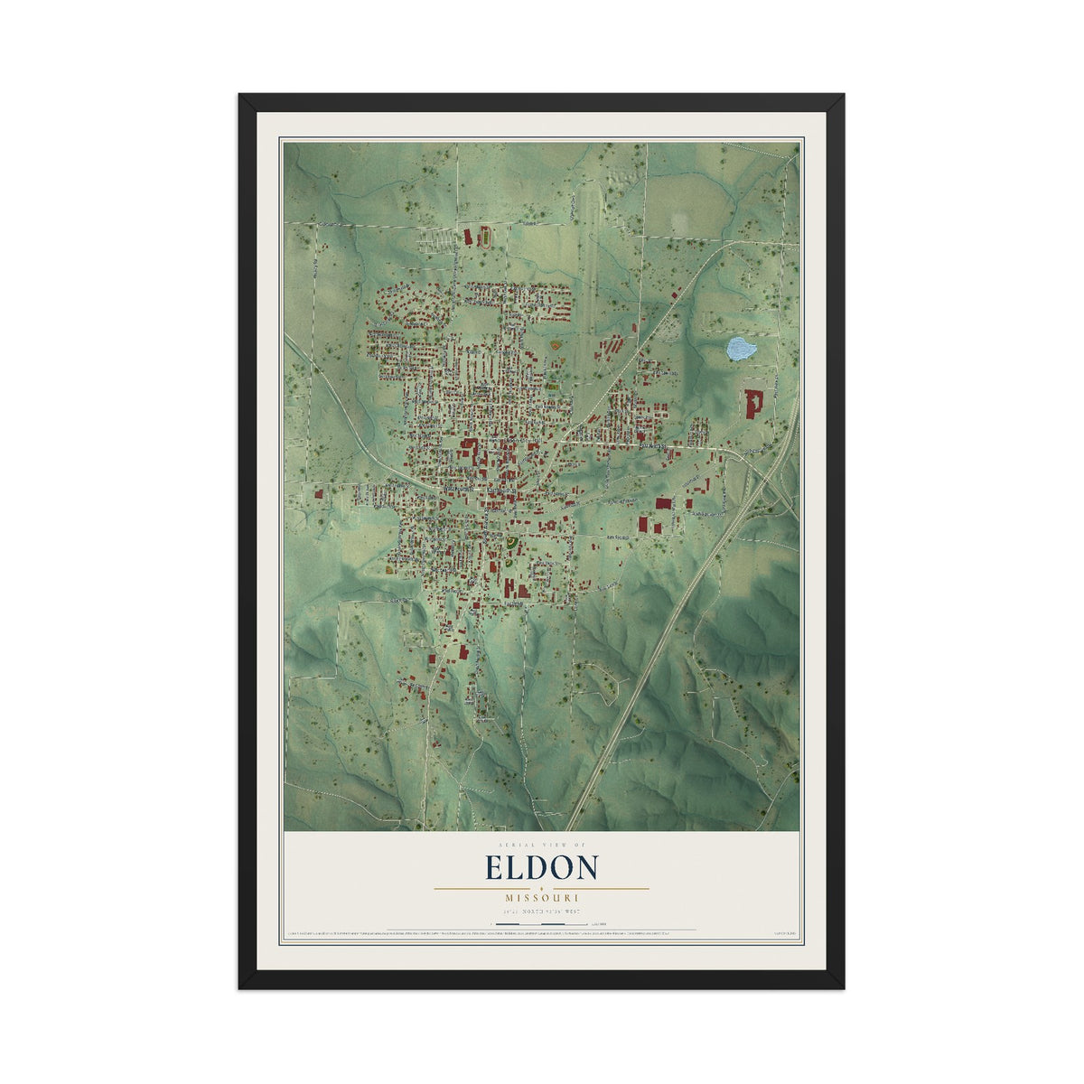 Map of Eldon, Missouri, 12 x 18 inch print in a black wood frame