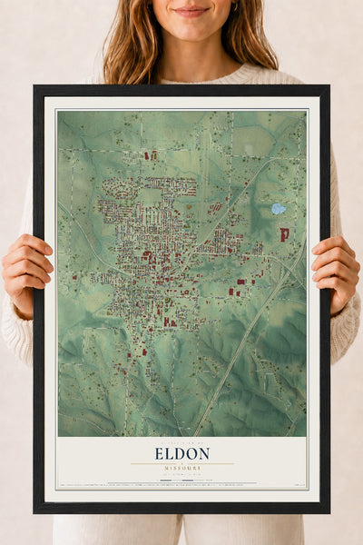 Map of Eldon, Missouri, 18 x 24 inch print in a black wood frame