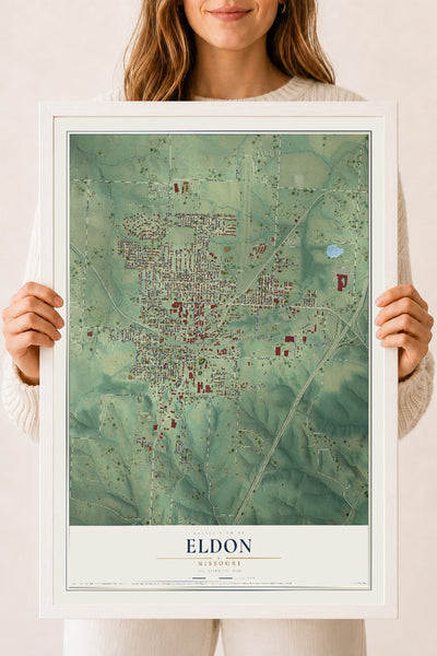 Map of Eldon, Missouri, 18 x 24 inch print in a white wood frame