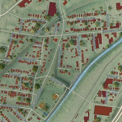 Close-up of the map of Ellendale, Missouri print showing street and building detail