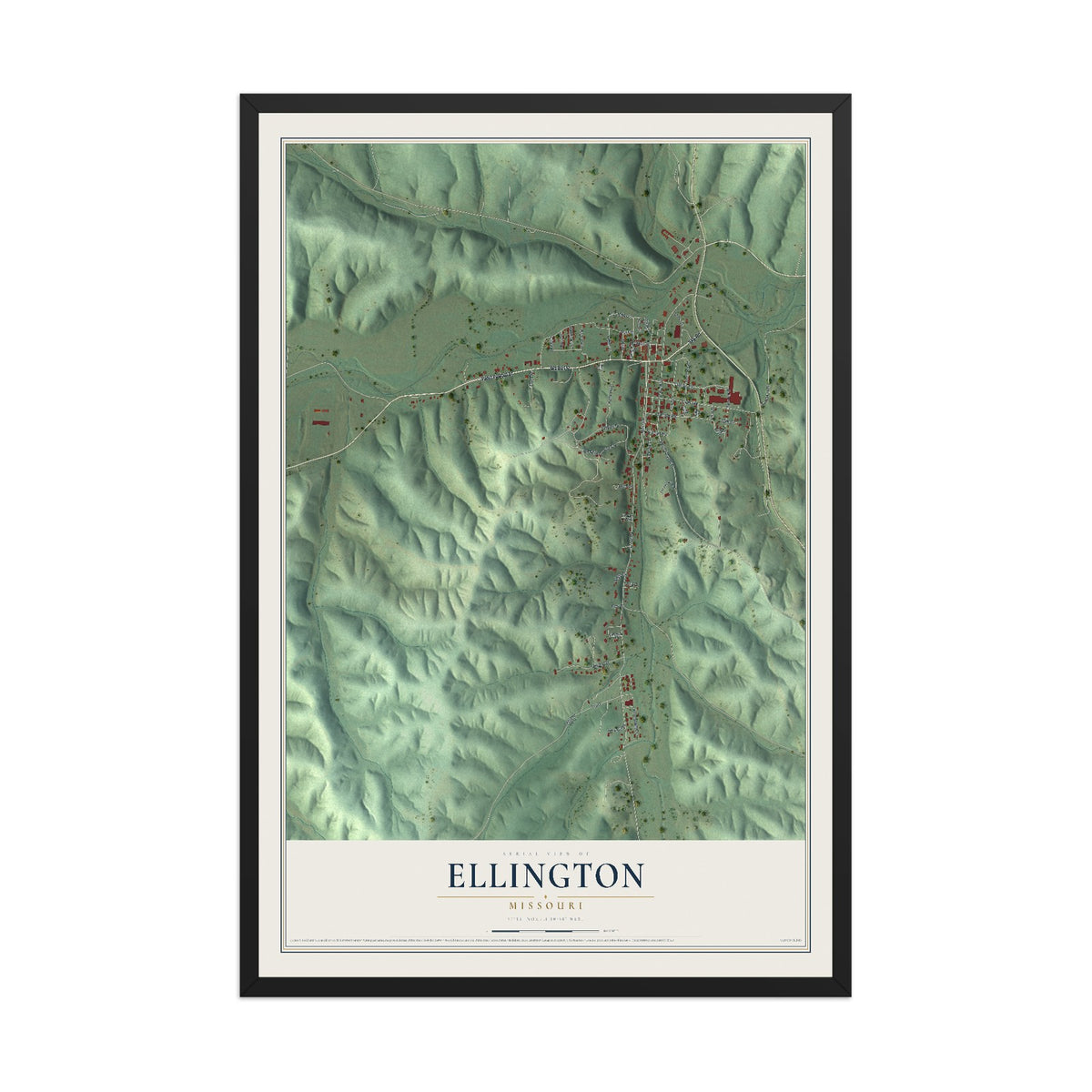 Map of Ellington, Missouri, 12 x 18 inch print in a black wood frame