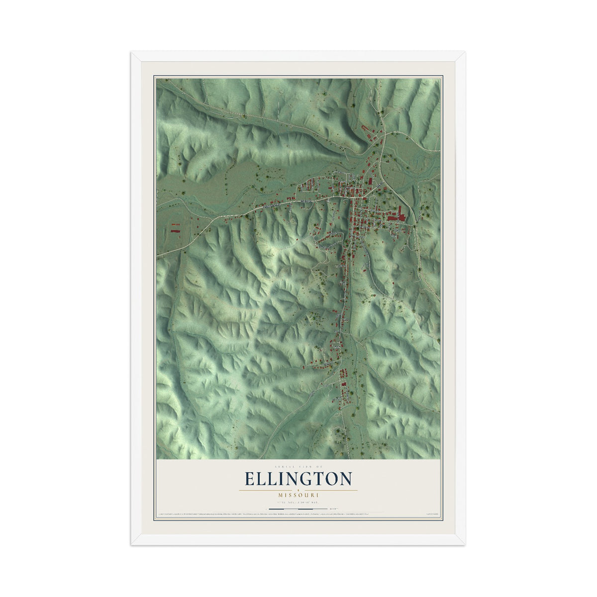 Map of Ellington, Missouri, 12 x 18 inch print in a white wood frame
