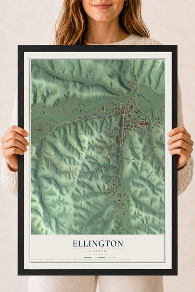 Map of Ellington, Missouri, 18 x 24 inch print in a black wood frame