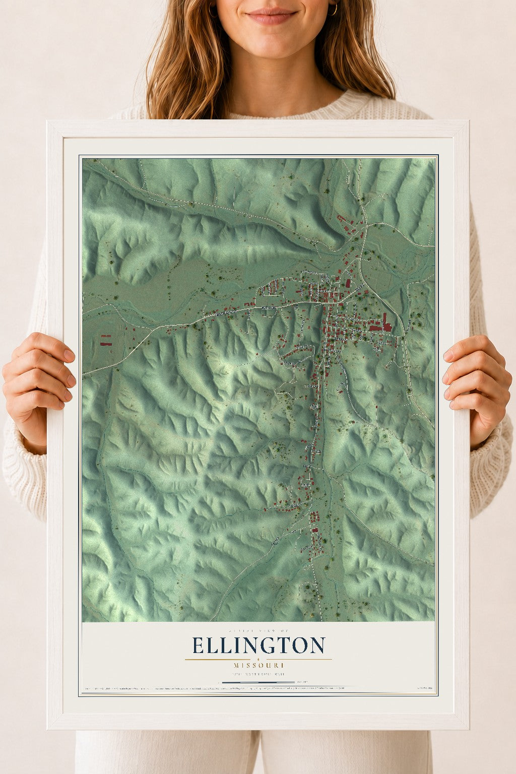Map of Ellington, Missouri, 18 x 24 inch print in a white wood frame