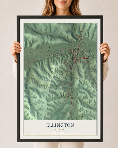 Map of Ellington, Missouri, 24 x 36 inch print in a black wood frame