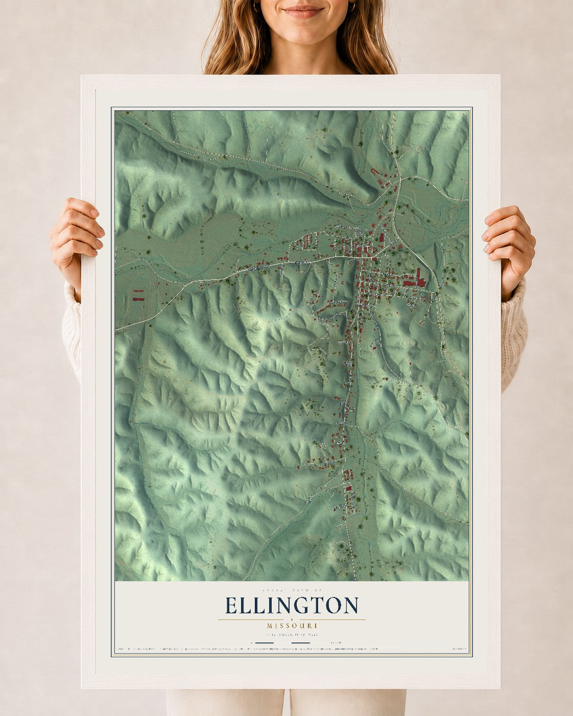 Map of Ellington, Missouri, 24 x 36 inch print in a white wood frame