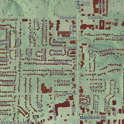 Close-up of the map of Ellisville, Missouri print showing street and building detail