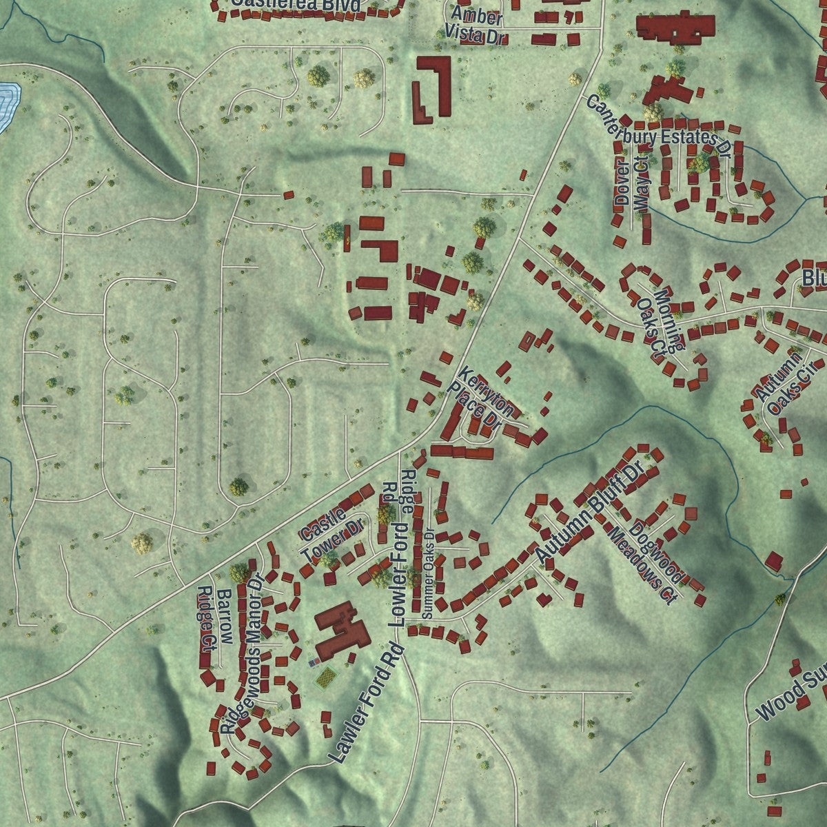 Second close-up of the map of Ellisville, Missouri print showing more streets and buildings