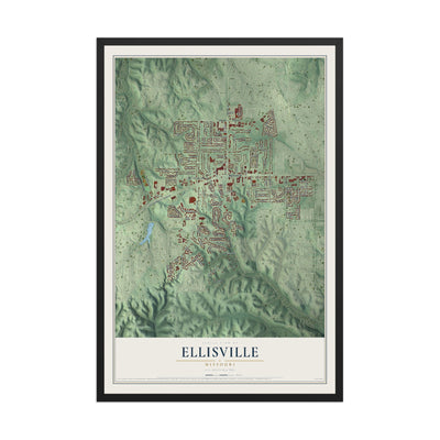 Map of Ellisville, Missouri, 12 x 18 inch print in a black wood frame