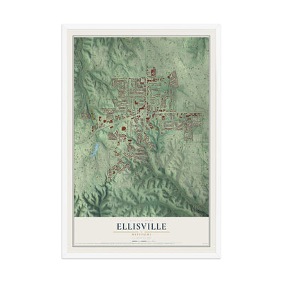 Map of Ellisville, Missouri, 12 x 18 inch print in a white wood frame