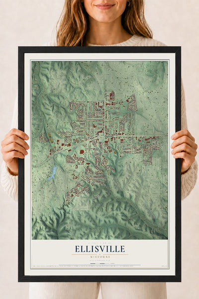 Map of Ellisville, Missouri, 18 x 24 inch print in a black wood frame