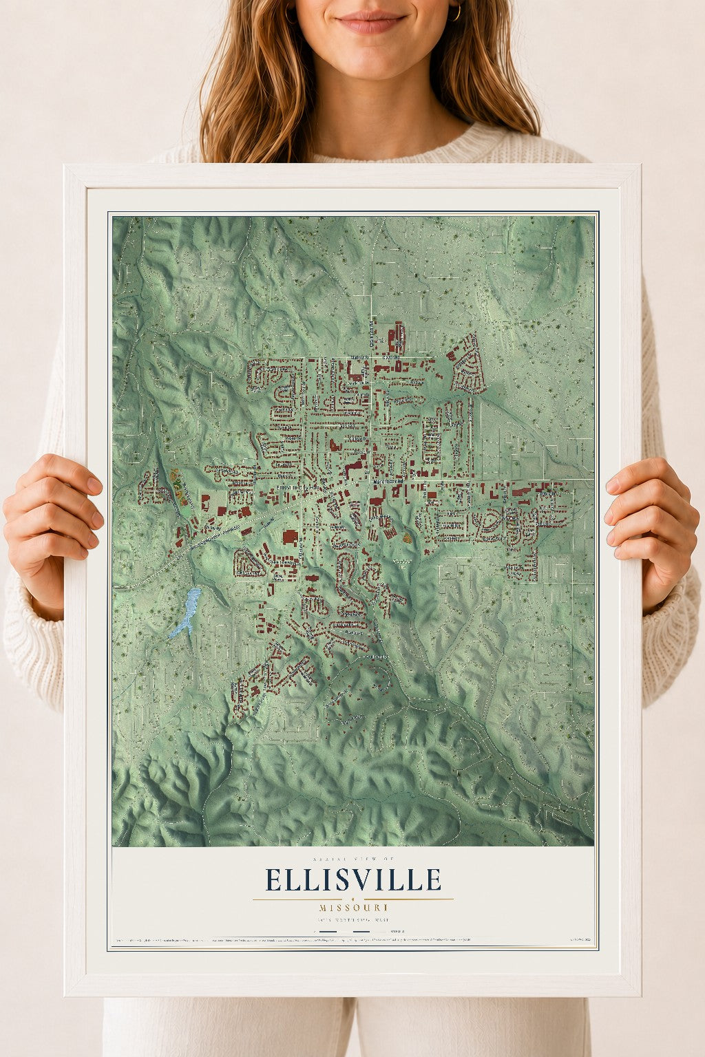 Map of Ellisville, Missouri, 18 x 24 inch print in a white wood frame