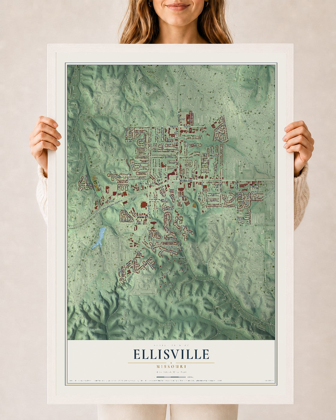 Map of Ellisville, Missouri, 24 x 36 inch print in a white wood frame