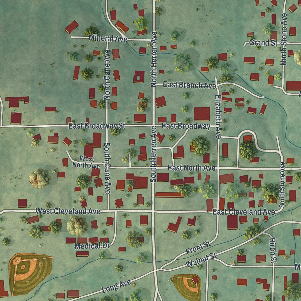 Close-up of the map of Ellsinore, Missouri print showing street and building detail