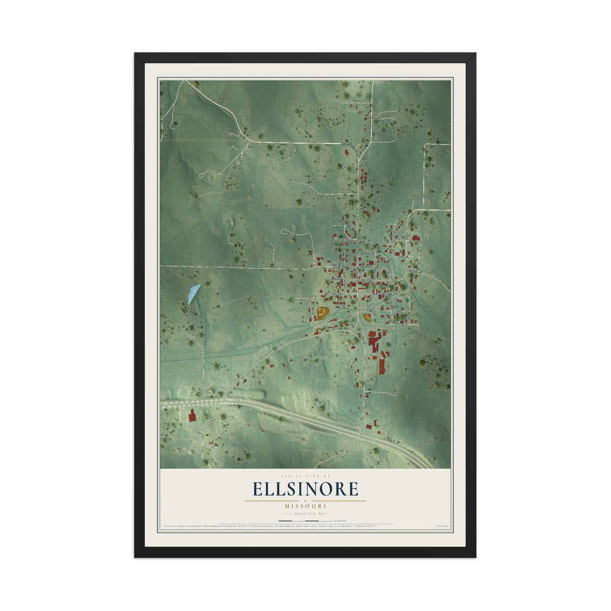 Map of Ellsinore, Missouri, 12 x 18 inch print in a black wood frame