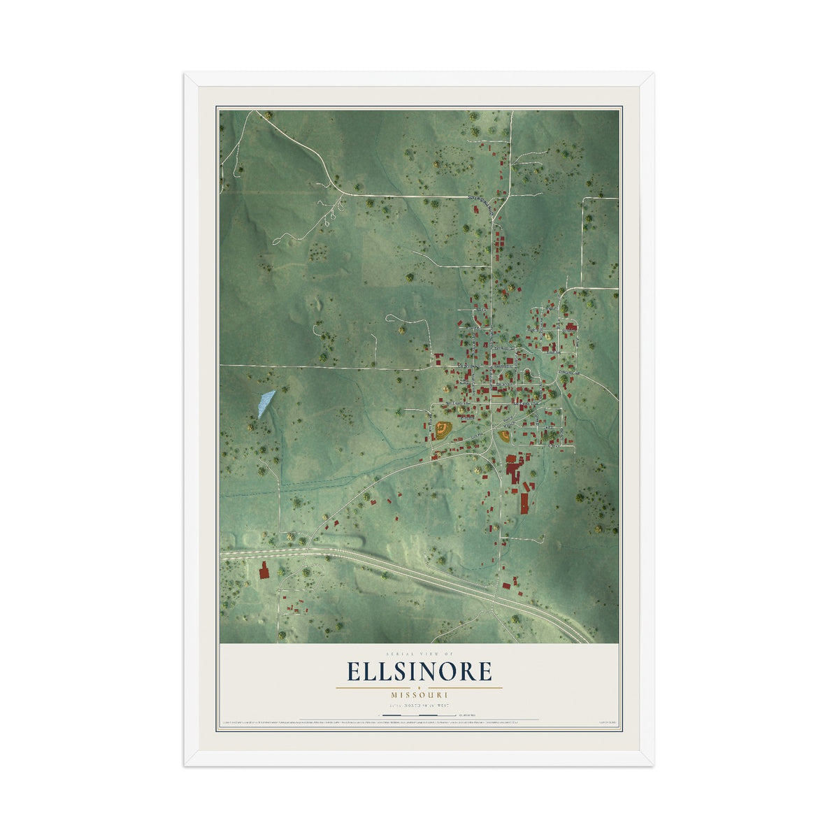 Map of Ellsinore, Missouri, 12 x 18 inch print in a white wood frame
