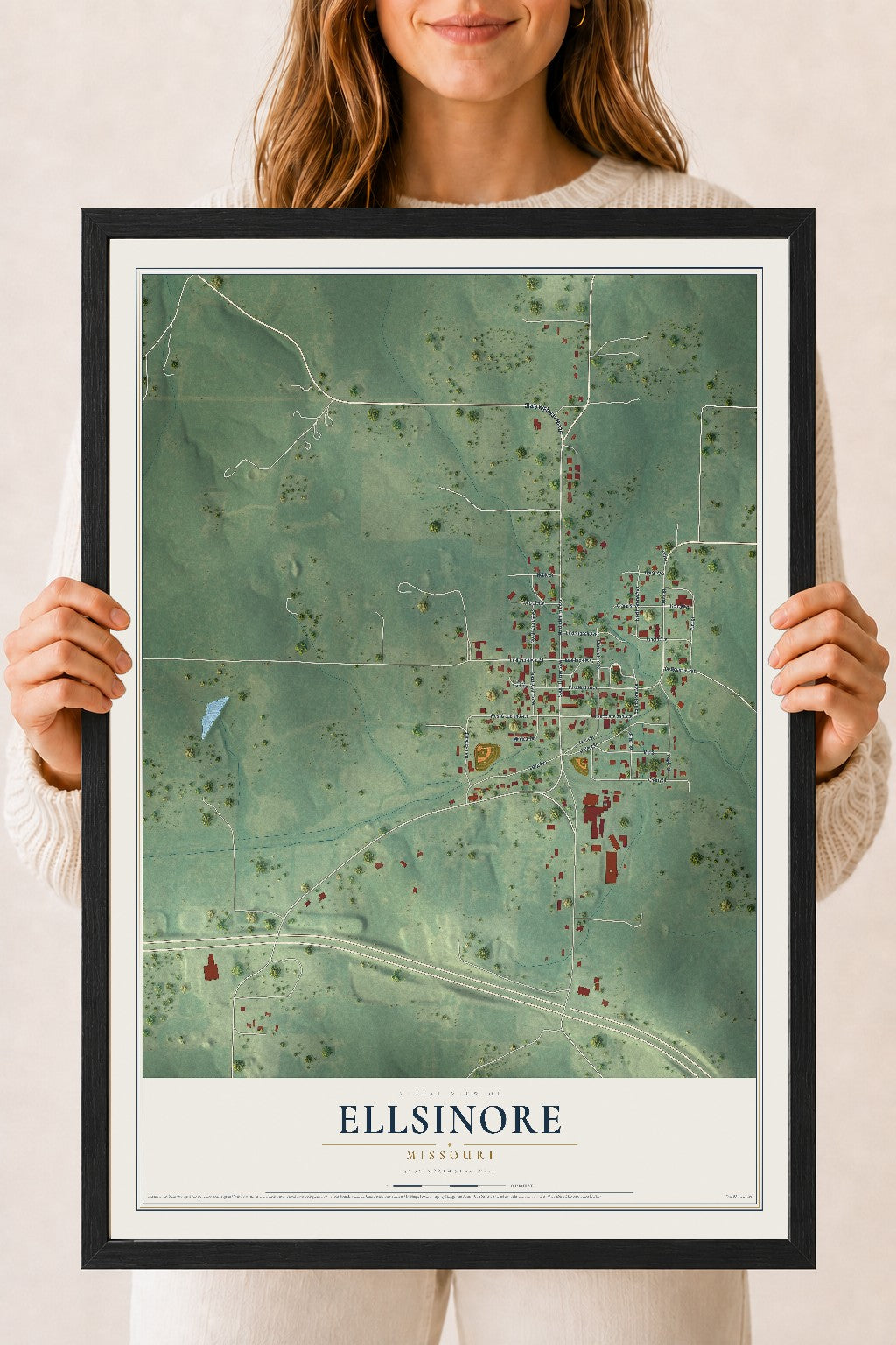 Map of Ellsinore, Missouri, 18 x 24 inch print in a black wood frame