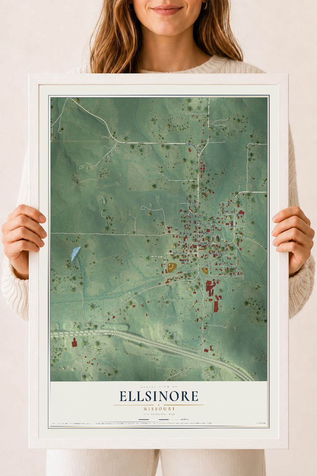 Map of Ellsinore, Missouri, 18 x 24 inch print in a white wood frame