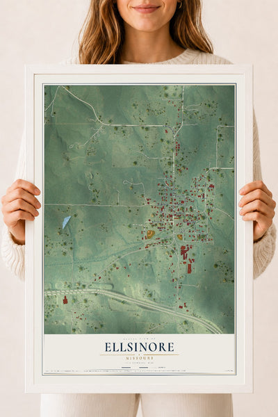 Map of Ellsinore, Missouri, 18 x 24 inch print in a white wood frame
