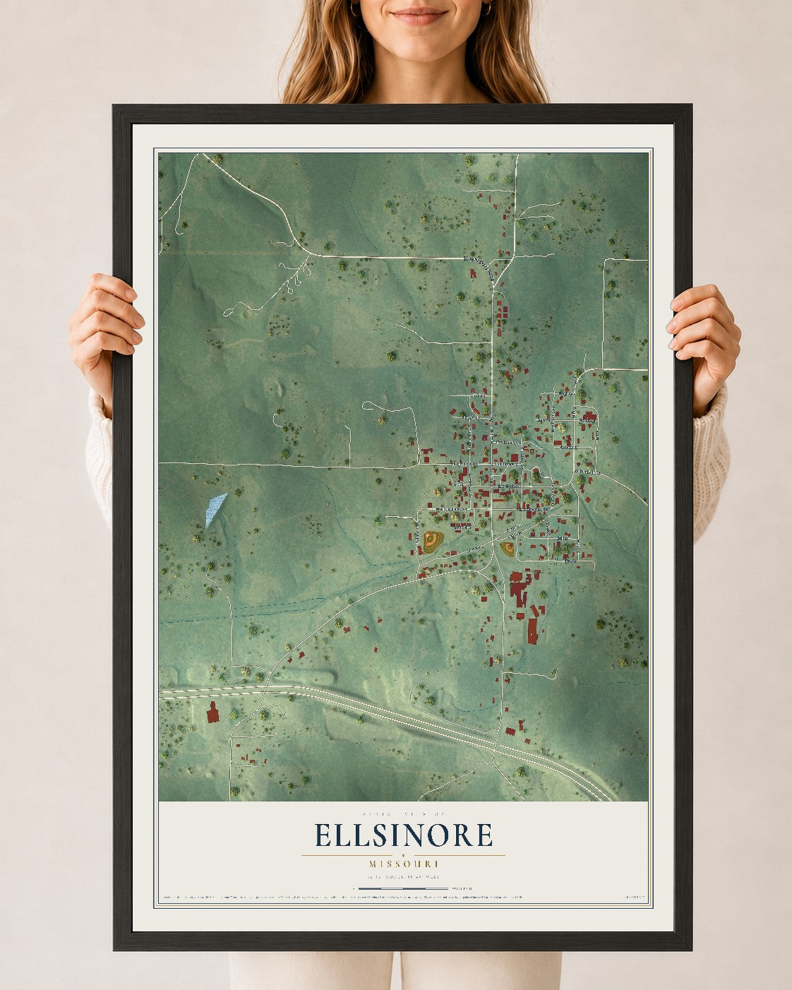 Map of Ellsinore, Missouri, 24 x 36 inch print in a black wood frame