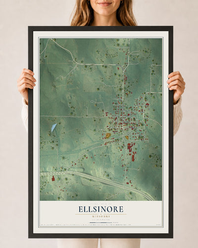 Map of Ellsinore, Missouri, 24 x 36 inch print in a black wood frame