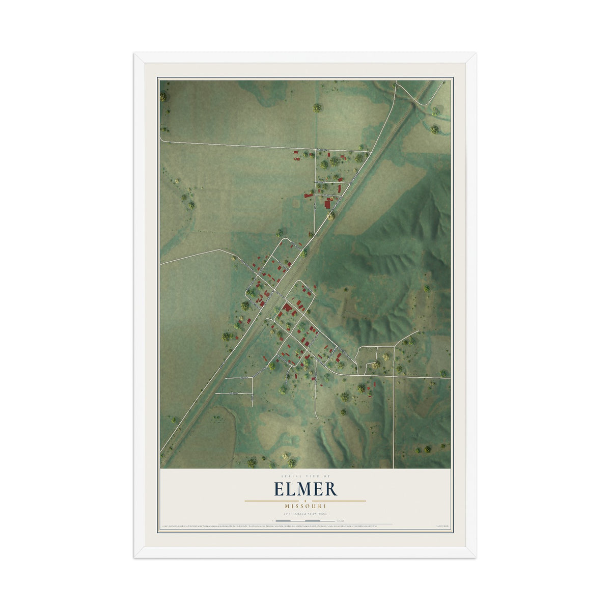 Map of Elmer, Missouri, 12 x 18 inch print in a white wood frame