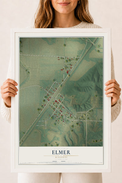 Map of Elmer, Missouri, 18 x 24 inch print in a white wood frame