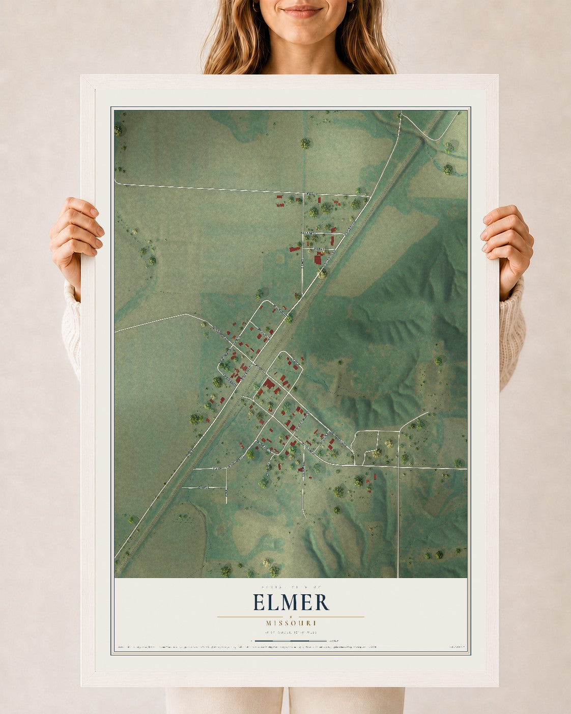 Map of Elmer, Missouri, 24 x 36 inch print in a white wood frame