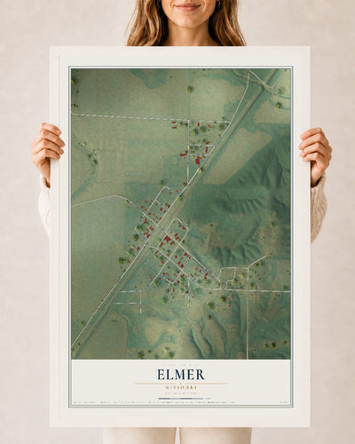 Map of Elmer, Missouri, 24 x 36 inch print in a white wood frame
