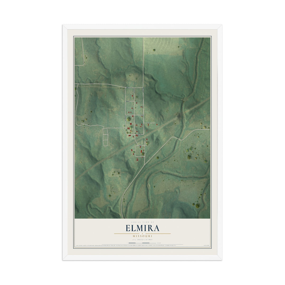 Map of Elmira, Missouri, 12 x 18 inch print in a white wood frame