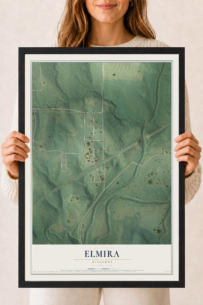 Map of Elmira, Missouri, 18 x 24 inch print in a black wood frame