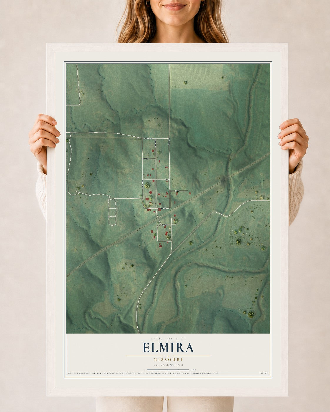 Map of Elmira, Missouri, 24 x 36 inch print in a white wood frame